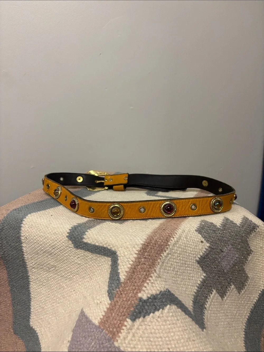 Yellow Leather Belt with Gold Buckle and Red Gem Details